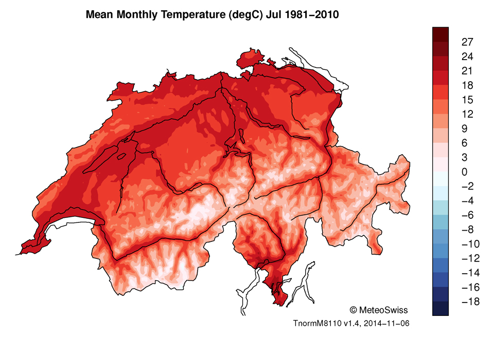 Température moyenne du mois de juillet en Suisse, selon la norme de 1981–2010. © MétéoSuisse