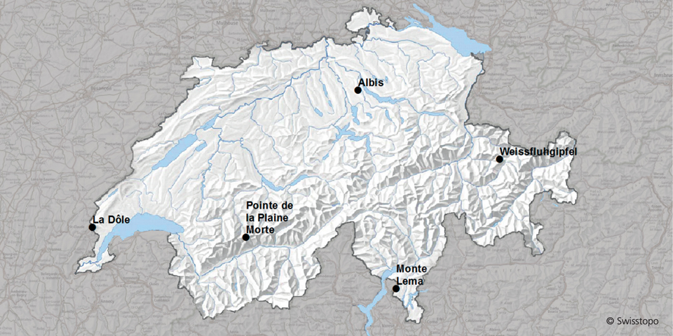 Les emplacements des cinq radars météorologiques en Suisse. © Swisstopo