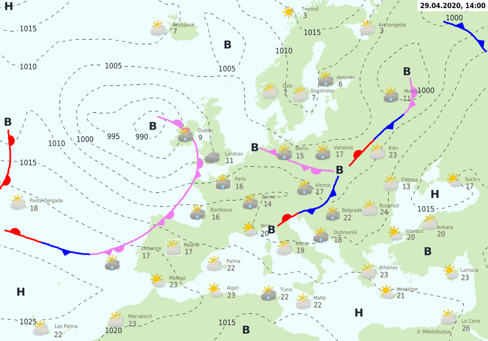 Exemple de carte de prévisions des fronts sur l’Europe de l’Ouest du 28 avril 2020 à 14h © MétéoSuisse